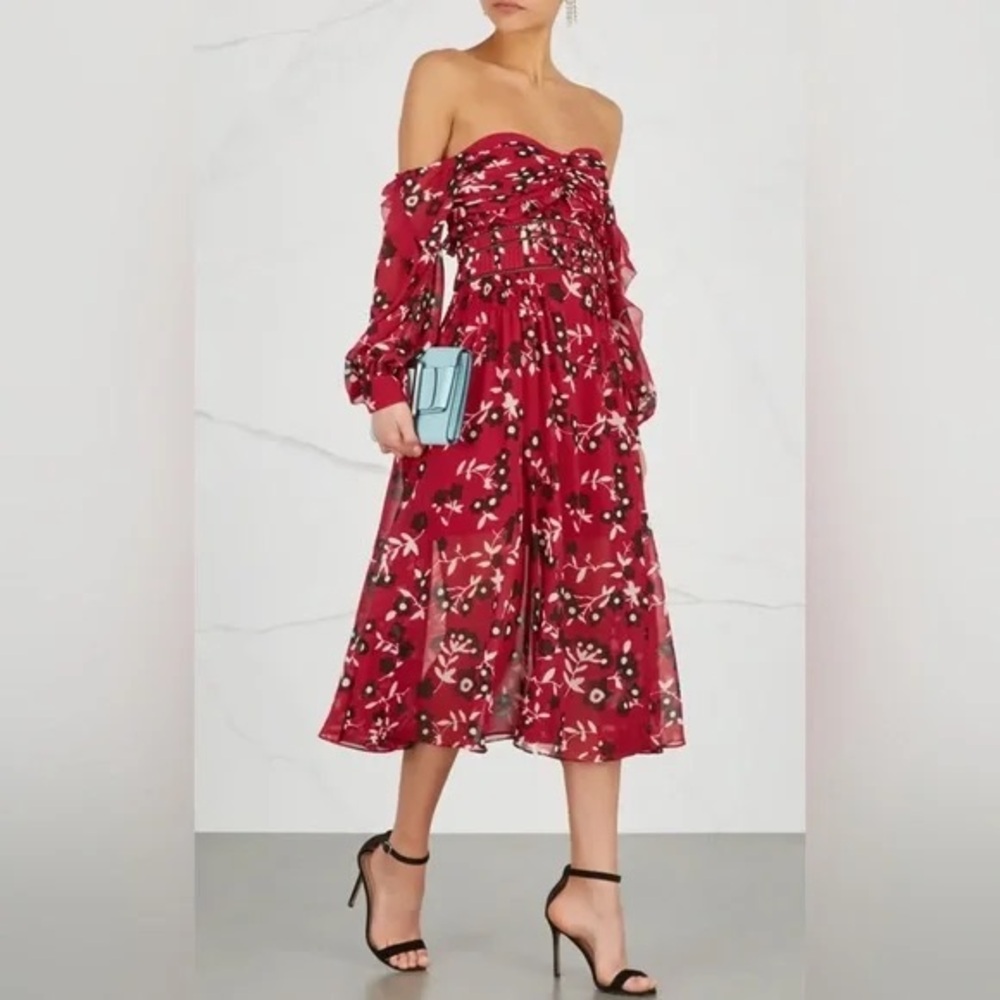 Self-Portrait Gorgeous Off Shoulder Romantic Fairy Floral Flowy Midi Dress 6